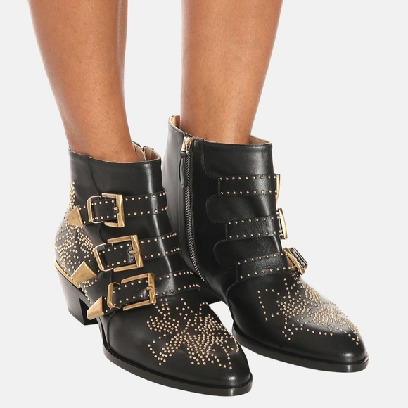 Chloé Women's Black Leather Susanna Pointed-Toe Studded Booties Boots Size 37 - Picture 16 of 16